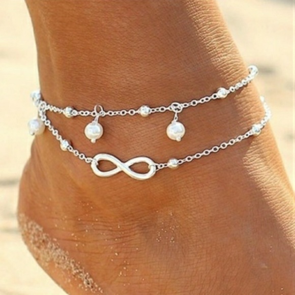 everrealli Jewelry - Silver Infinity Pearl Double Chain Anklet